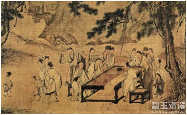 《西园雅集图》局部(南宋 马远),描绘了众多文人雅士在驸马都尉王诜府